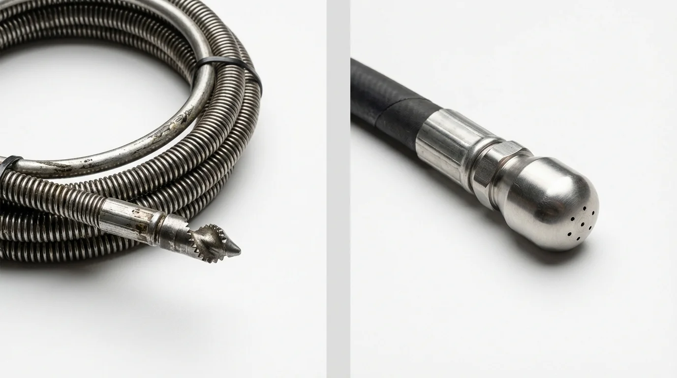 Drain snake cable and hydro jetting nozzle used for drain cleaning in Oberlin, KS