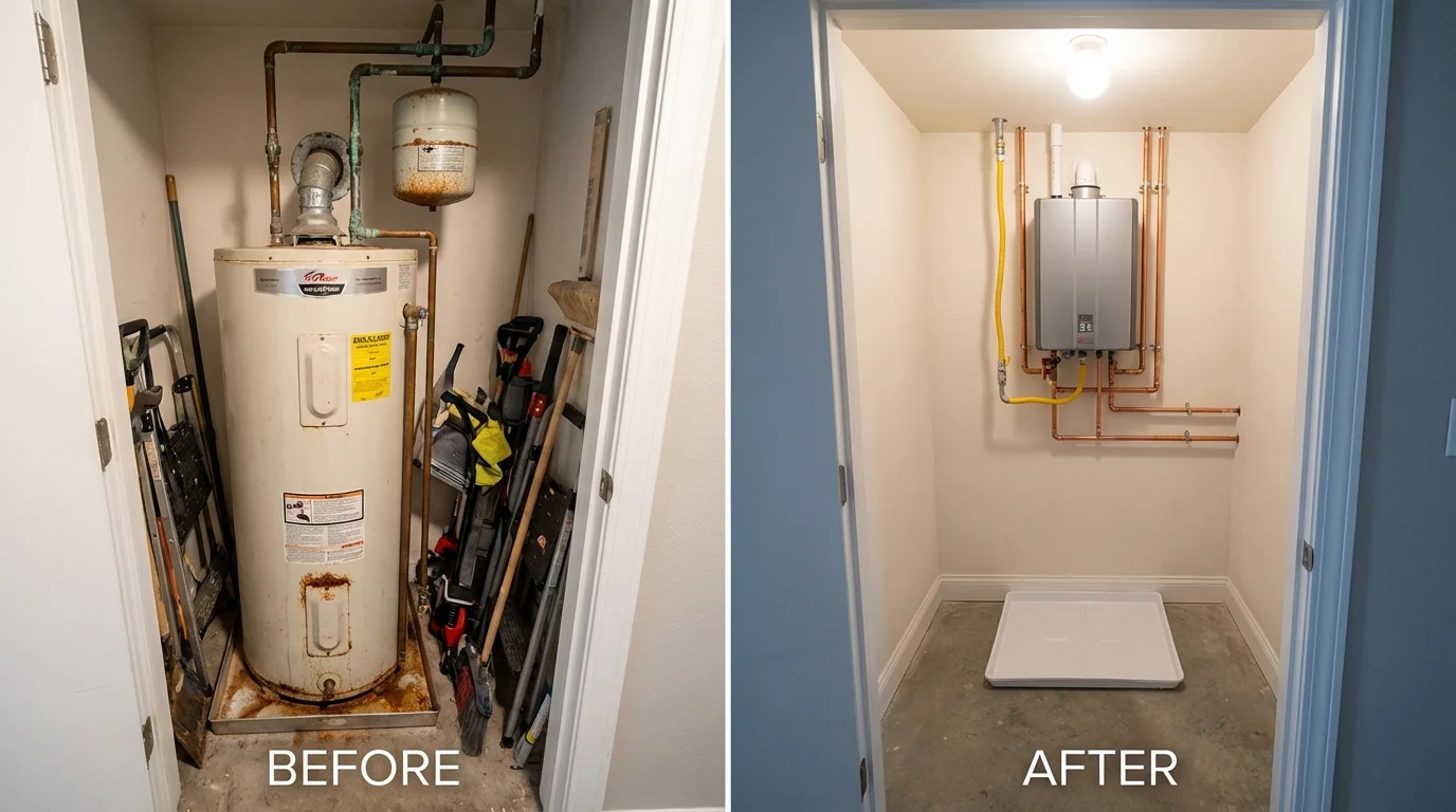 Tank water heater versus wall-mounted tankless unit comparison for Oberlin, KS homeowners